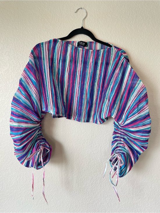 AKIRA Tops - Akira Purple Multicolored Plisse Ruched Long Sleeve Top